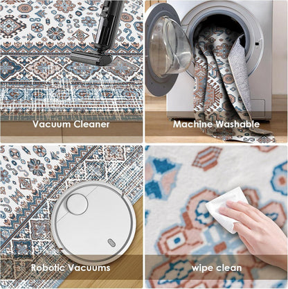 OMERAI Großer Wohnzimmer Teppich Blau 200x290cm Kurzflor rutschfest & waschbar