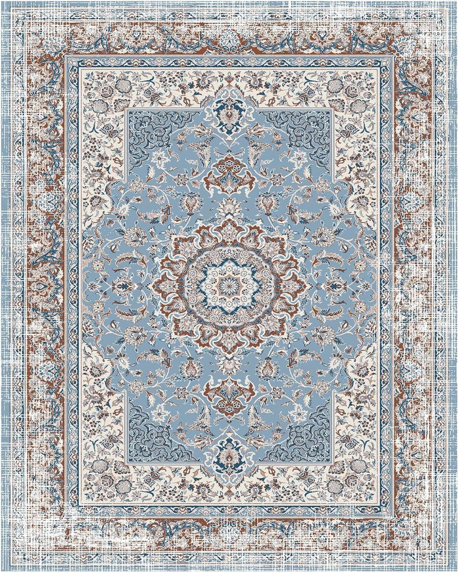 OMERAI Vintage-Teppich Groß 200x290cm Blau Kurzflor waschbar rutschfest
