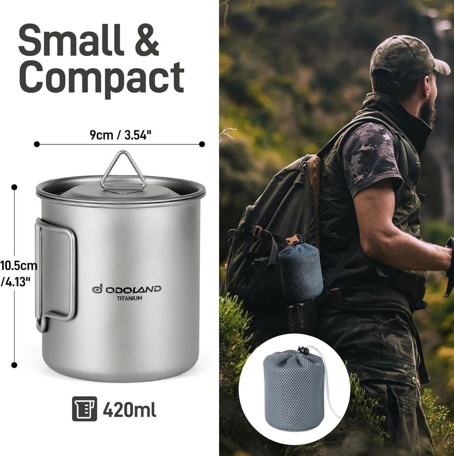 Titanium Camping Geschirr 420ML Becher mit Deckel, Spork & faltbarem