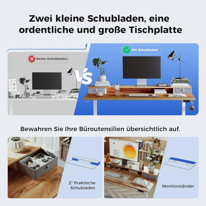 Höhenverstellbarer Schreibtisch mit 2 Schubladen 140x60 cm