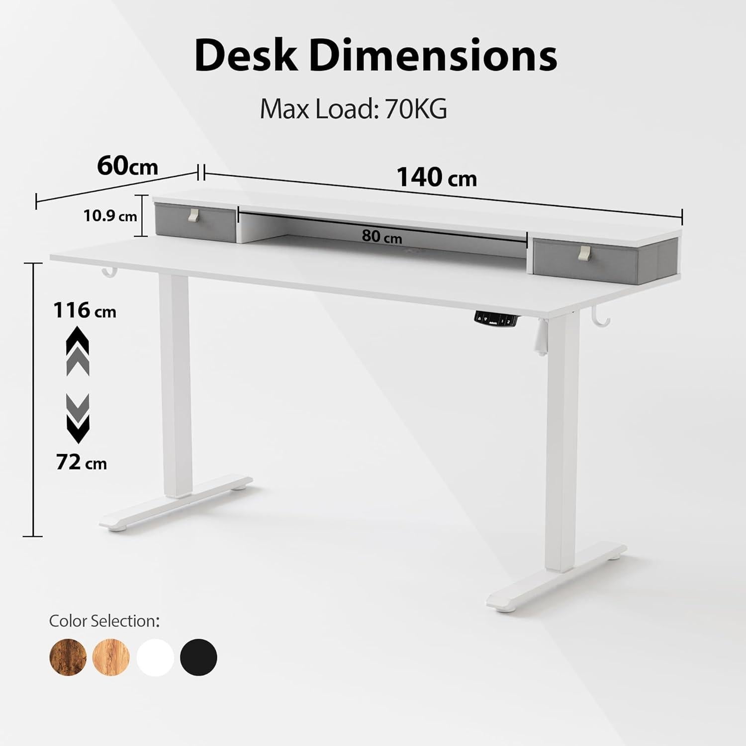 Höhenverstellbarer Schreibtisch 140 x 60 cm mit 2 Schubladen