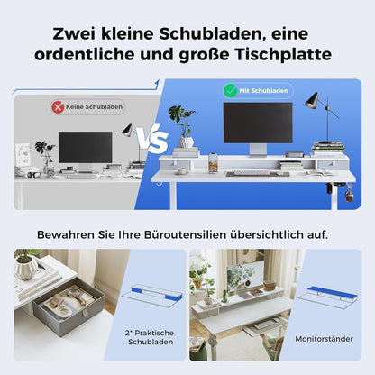 Höhenverstellbarer Schreibtisch mit 2 Schubladen, 120 x 60