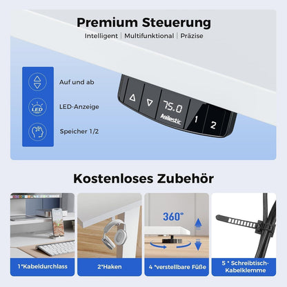 Höhenverstellbarer Schreibtisch mit 2 Schubladen, 120 x 60