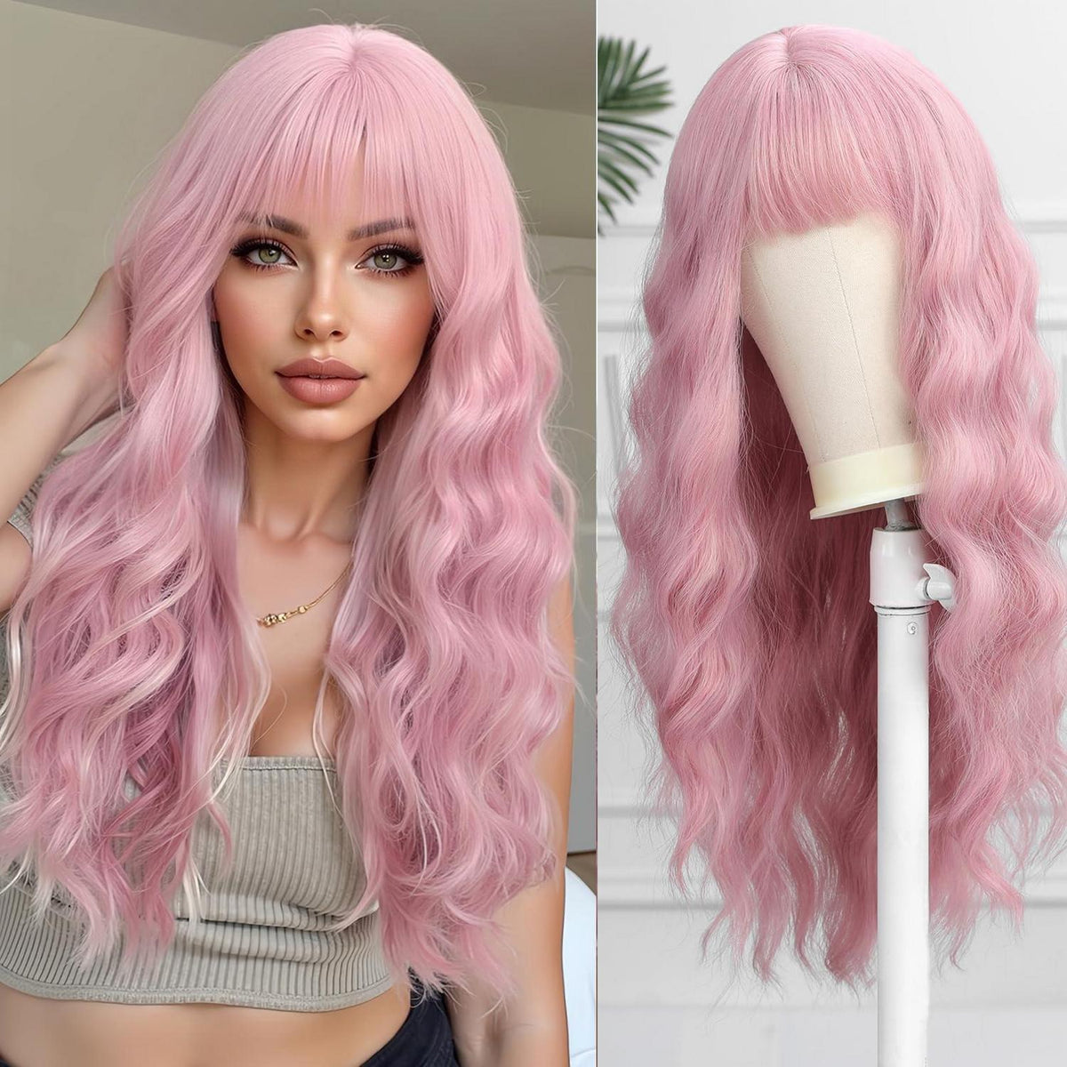 Lange gewellte rosa Perücke mit Pony – Synthetisch & natürlich