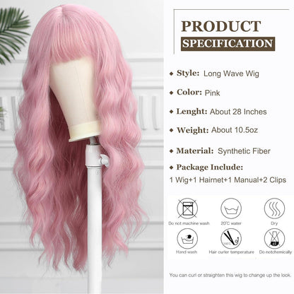 Lange gewellte rosa Perücke mit Pony – Synthetisch & natürlich