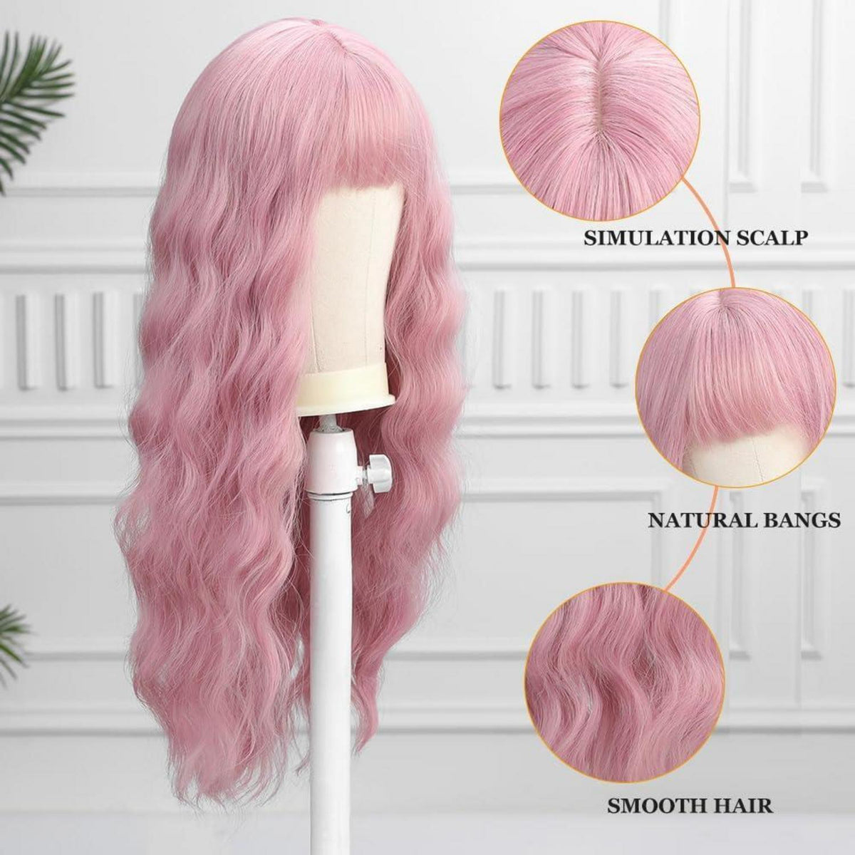 Lange gewellte rosa Perücke mit Pony – Synthetisch & natürlich
