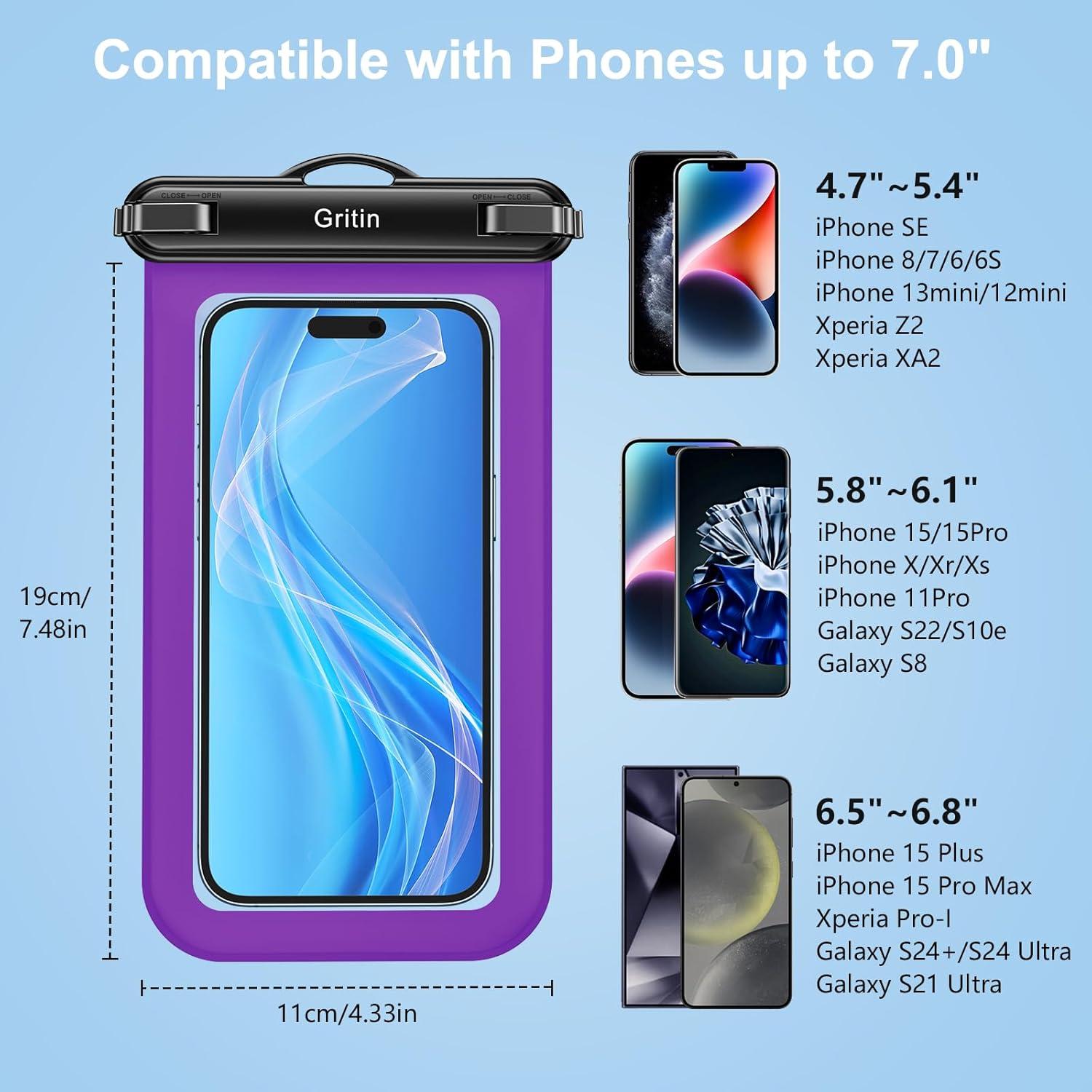 2er-Pack Wasserdichte Handyhülle IPX8 für Smartphone bis 7'' Schwarz/Lila