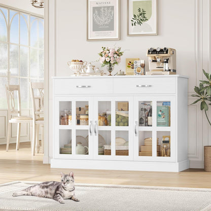120cm Sideboard mit Glastüren & Schubladen – Weißes Küchenbuffet