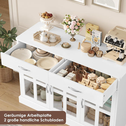 120cm Sideboard mit Glastüren & Schubladen – Weißes Küchenbuffet