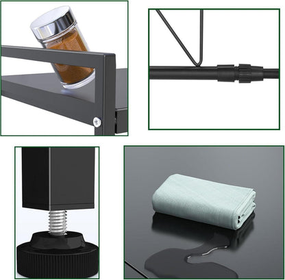 YunNasi 2-stufiges Mikrowellenregal Kohlenstoffstahl Organizer mit Haken - Schwarz