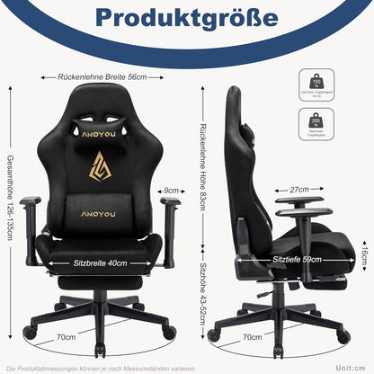Andyou Gaming Stuhl mit Fußstütze und Lendenkissen Schwarz