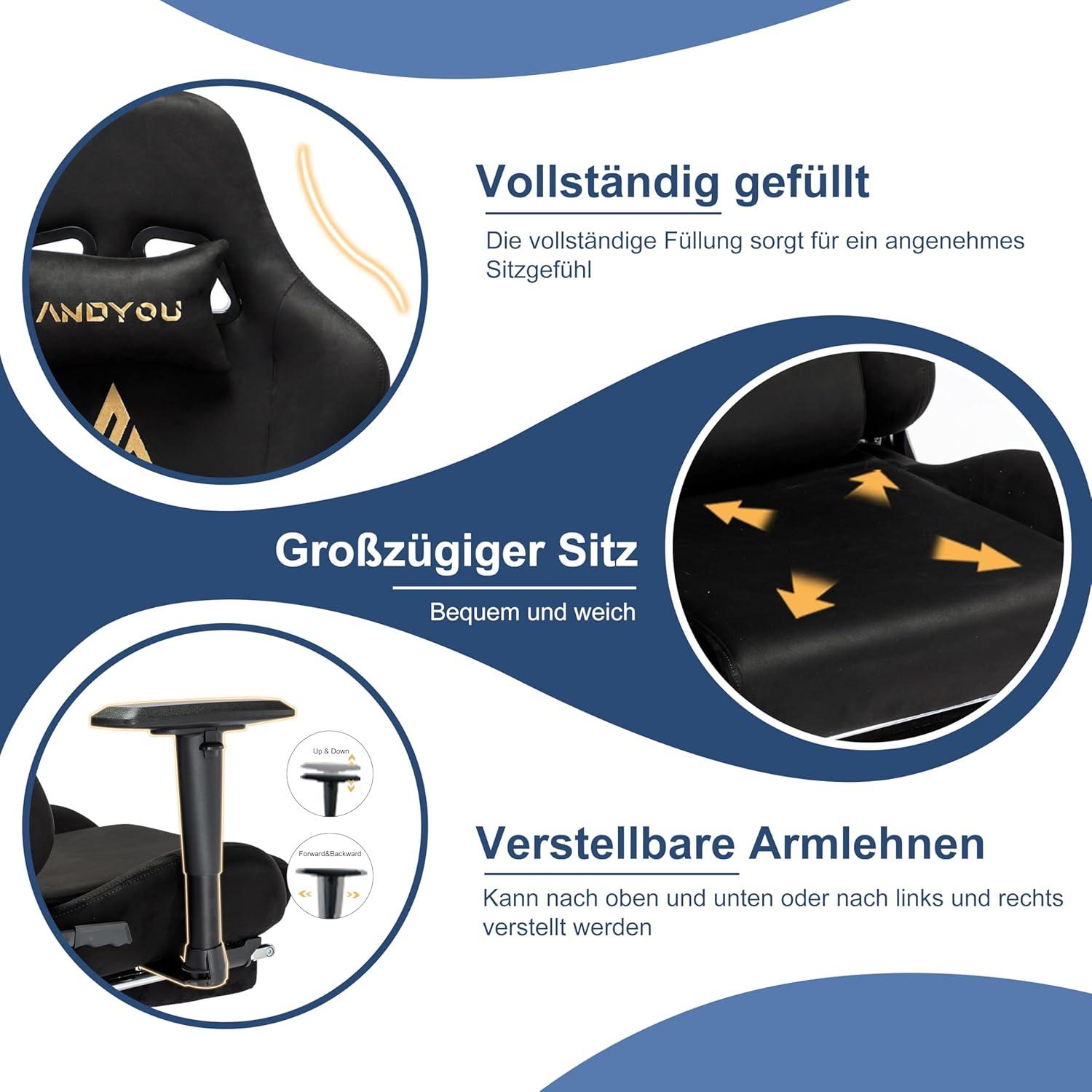 Ergonomischer Gaming Stuhl mit Fußstütze und verstellbaren Funktionen Schwarz