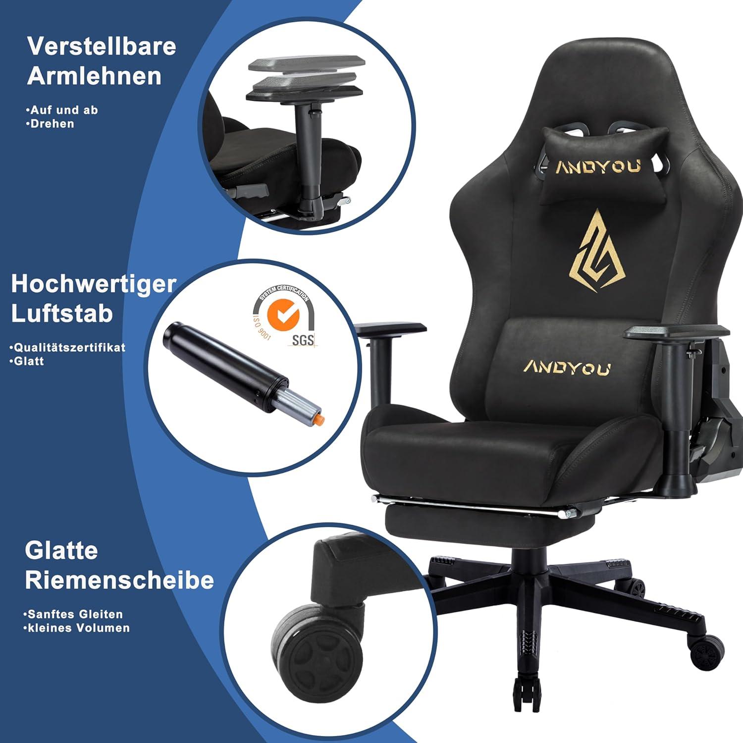 Ergonomischer Gaming Stuhl mit Fußstütze und Lendenkissen Schwarz