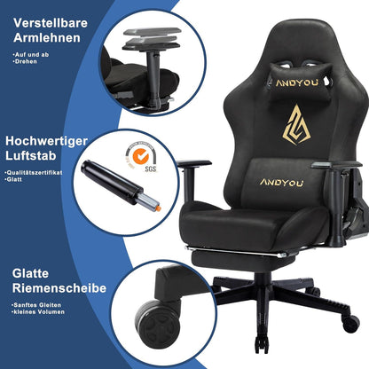 Ergonomischer Gaming Stuhl mit Fußstütze und Lendenkissen Schwarz