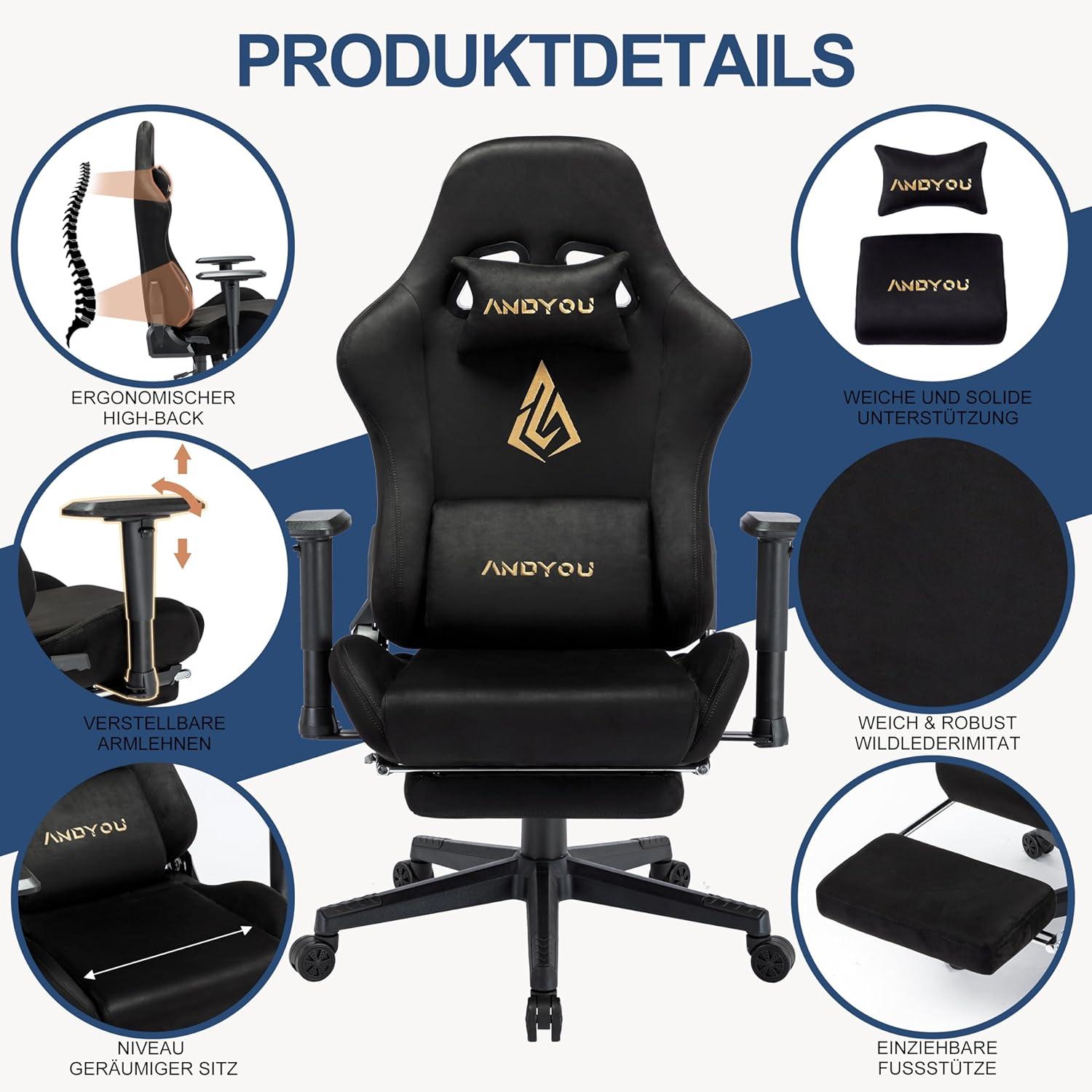 Ergonomischer Gaming Stuhl mit Fußstütze und Multifunktion, Schwarz