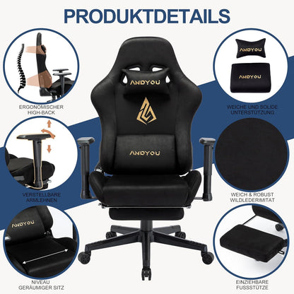 Ergonomischer Gaming Stuhl mit Fußstütze und Multifunktion, Schwarz