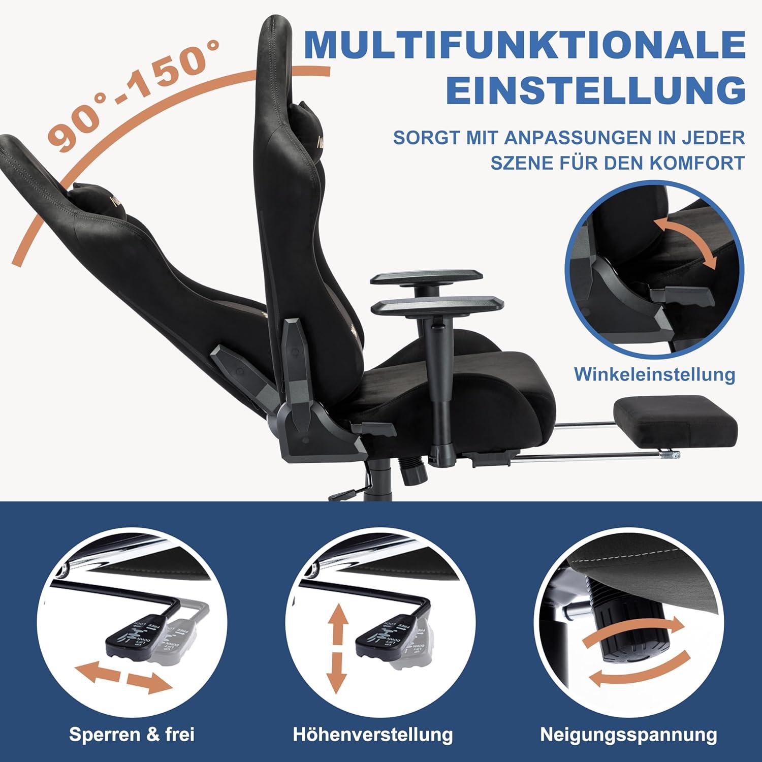 Ergonomischer Gaming Stuhl mit Fußstütze und Lendenkissen Schwarz
