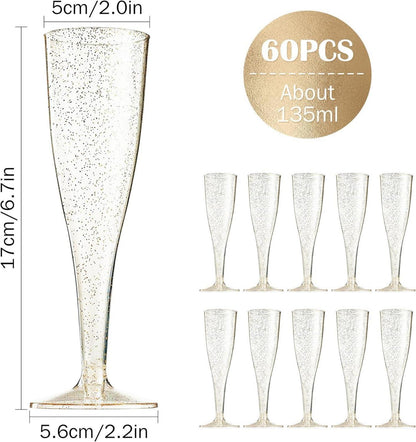 Sektgläser Plastik Goldglitter 60 Stück Champagner Kunststoff