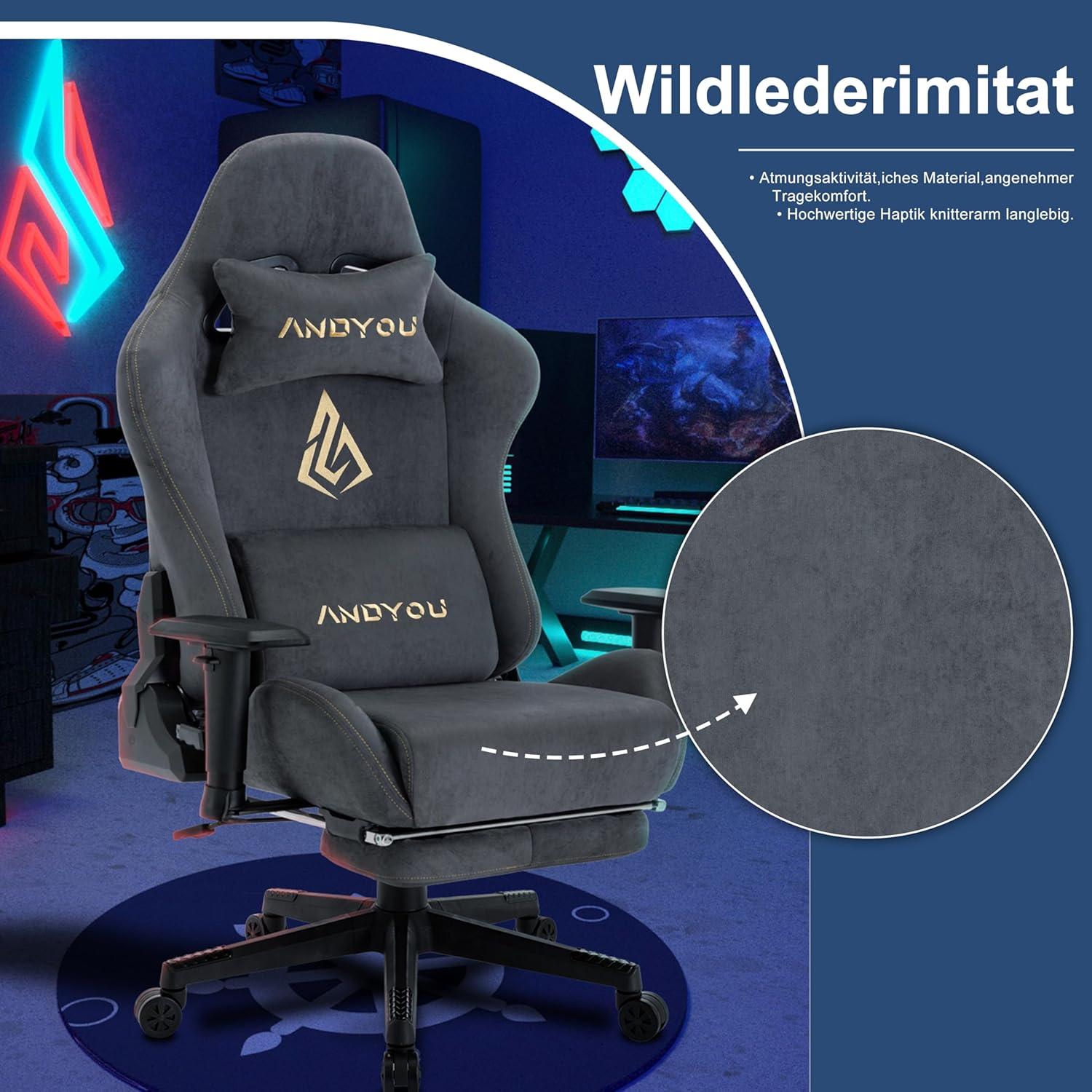 Ergonomischer Gaming Stuhl mit Fußstütze und Lendenkissen, Grau