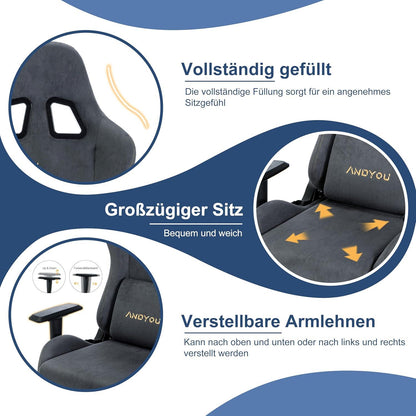 Andyou Gaming Stuhl mit Fußstütze, Ergonomischer PC Stuhl, verstellbare Lendenkissen & Kopfkissen, 150 kg Belastbarkeit, Grau