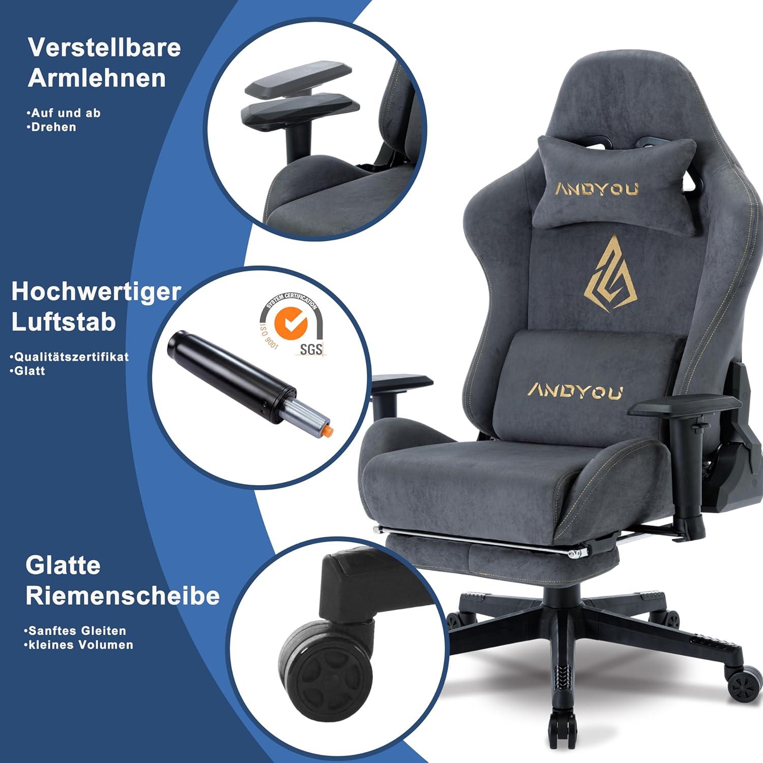Andyou Ergonomischer Gaming Stuhl mit Fußstütze und Lendenkissen, Grau