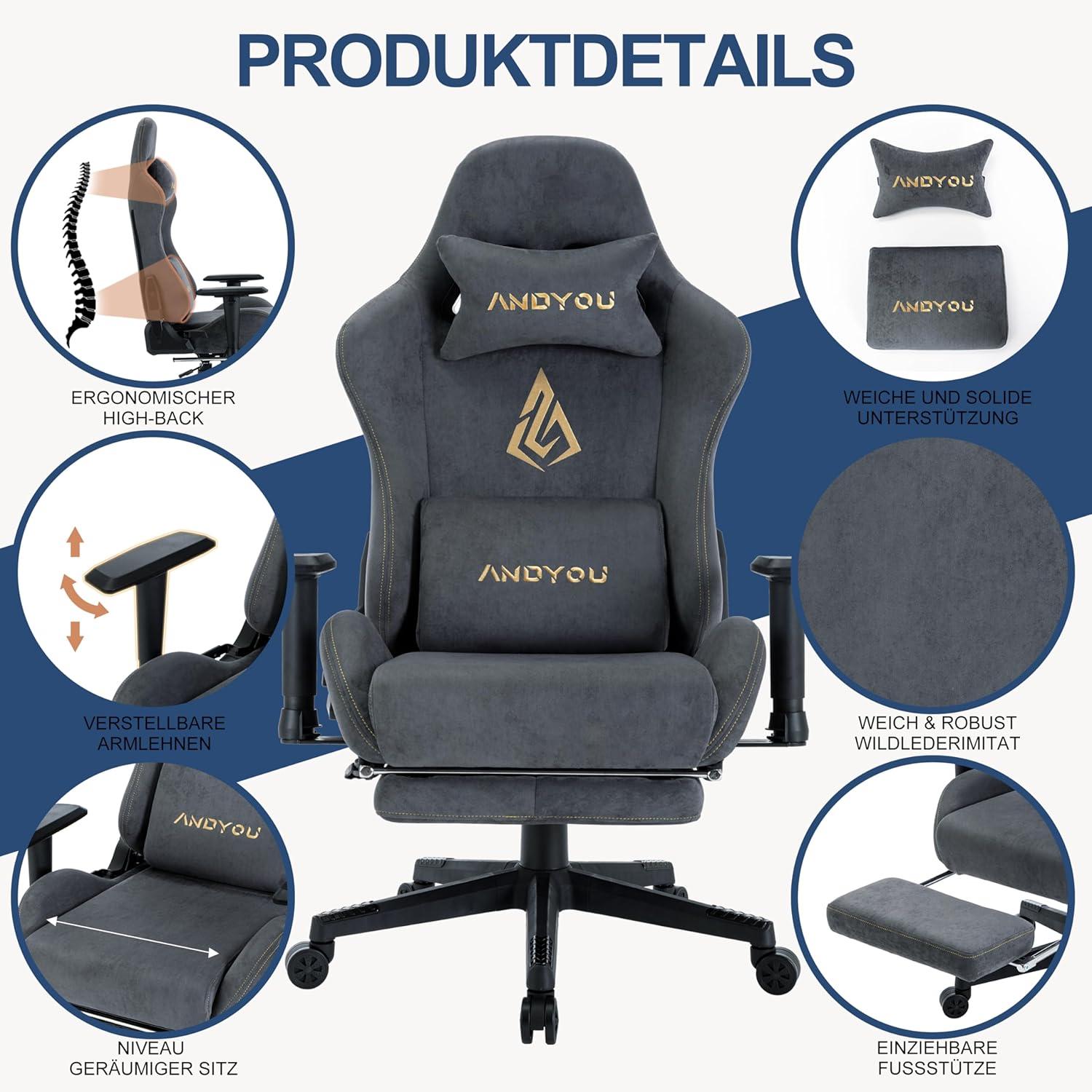 Ergonomischer Gaming Stuhl mit Fußstütze und verstellbaren