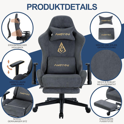 Ergonomischer Gaming Stuhl mit Fußstütze und verstellbaren