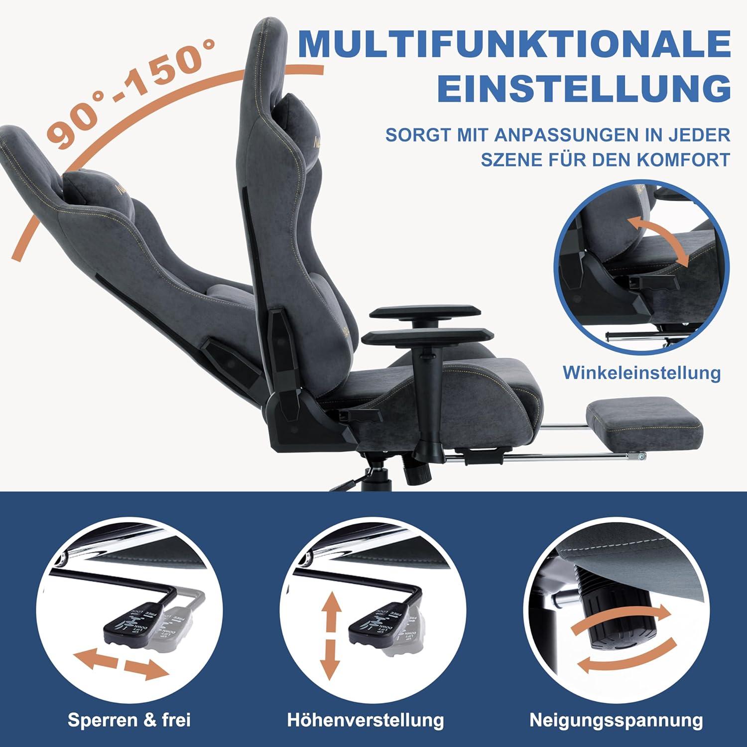Andyou Ergonomischer Gaming Stuhl mit Fußstütze und Lendenkissen, Grau