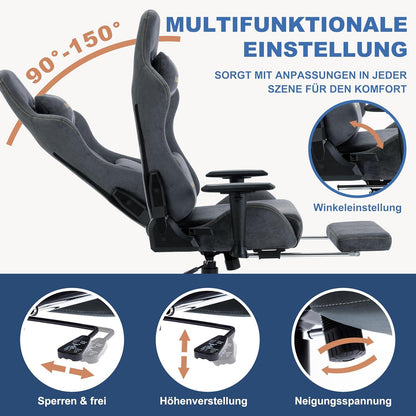 Andyou Ergonomischer Gaming Stuhl mit Fußstütze und Lendenkissen, Grau