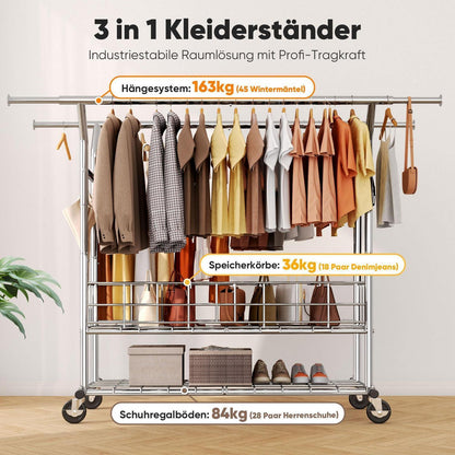 Kleiderständer Schwerlast mit Rollen und Ablage