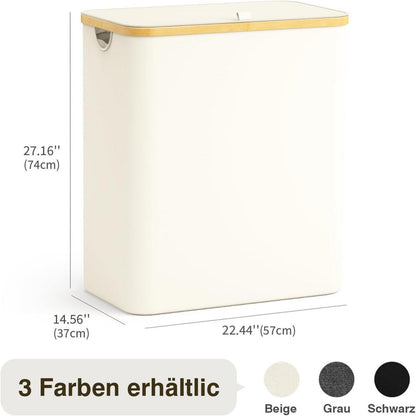 Wäschekorb mit Deckel 160L – 3 Fächer, Stoff & Bambus