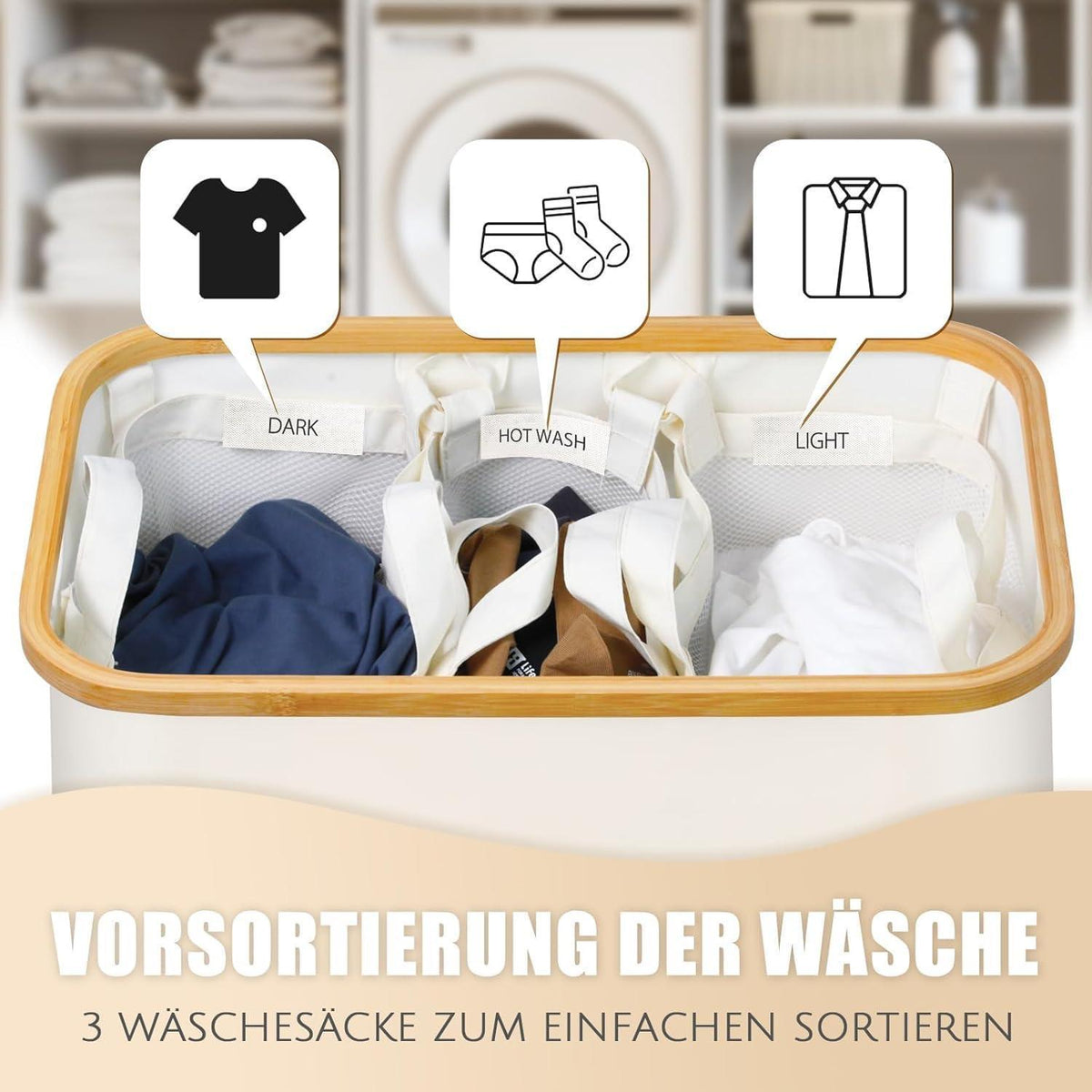 Wäschekorb mit Deckel 160L – 3 Fächer, Stoff & Bambus
