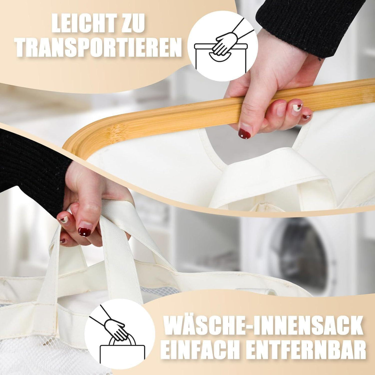 Wäschekorb mit Deckel 160L – 3 Fächer, Stoff & Bambus