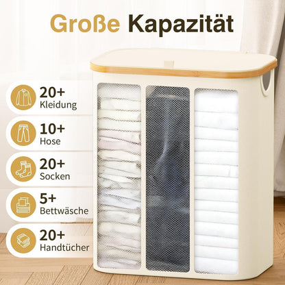 Wäschekorb mit Deckel 160L – 3 Fächer, Stoff & Bambus