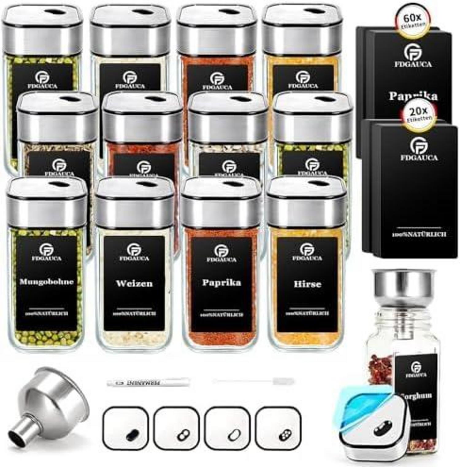 360° Rotation Gewürzgläser Set | 12 Gewürzdosen, 80 Etiketten | 120ml
