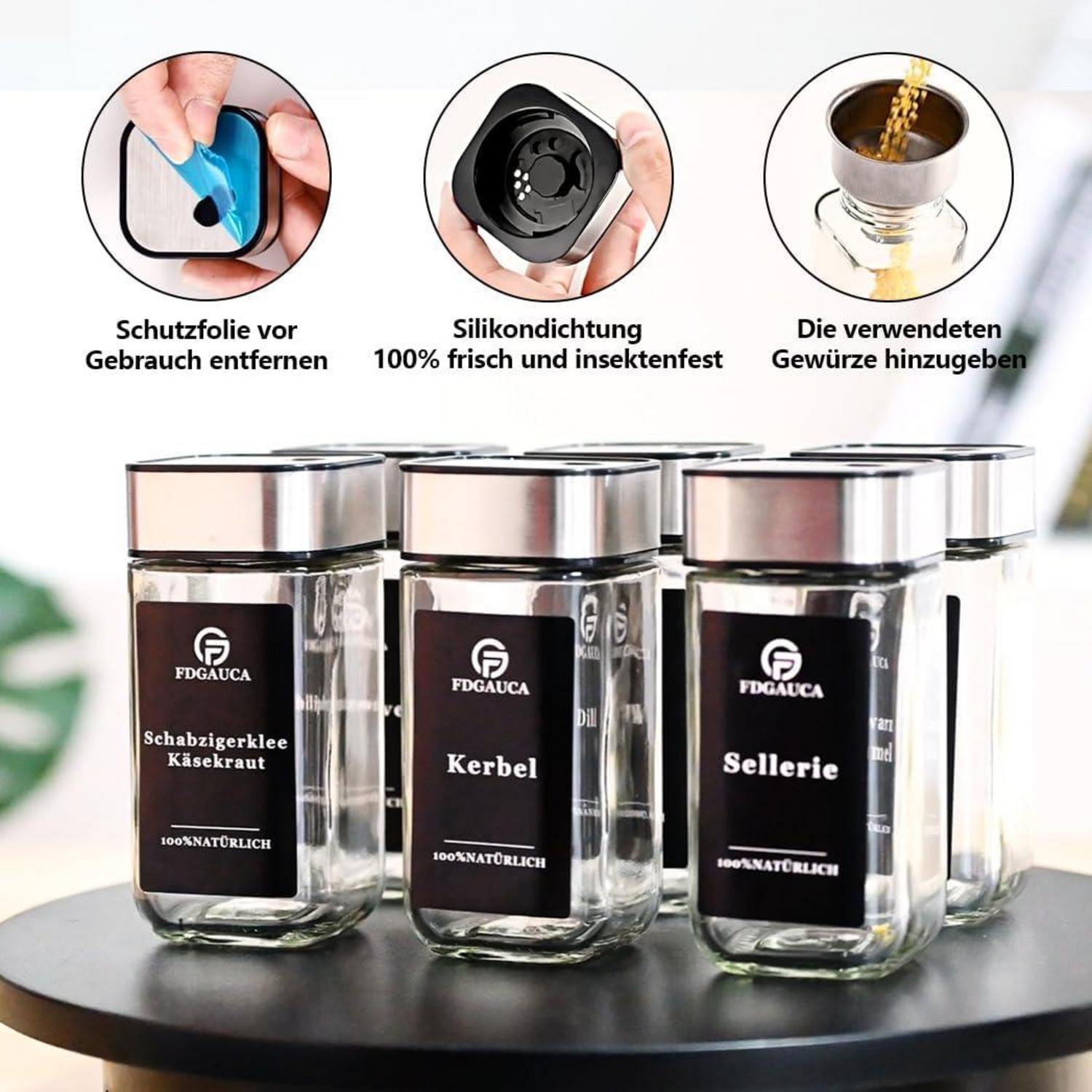 Glas Gewürzgläser Set 12 Dosen 80 Etiketten 120ml Organizer