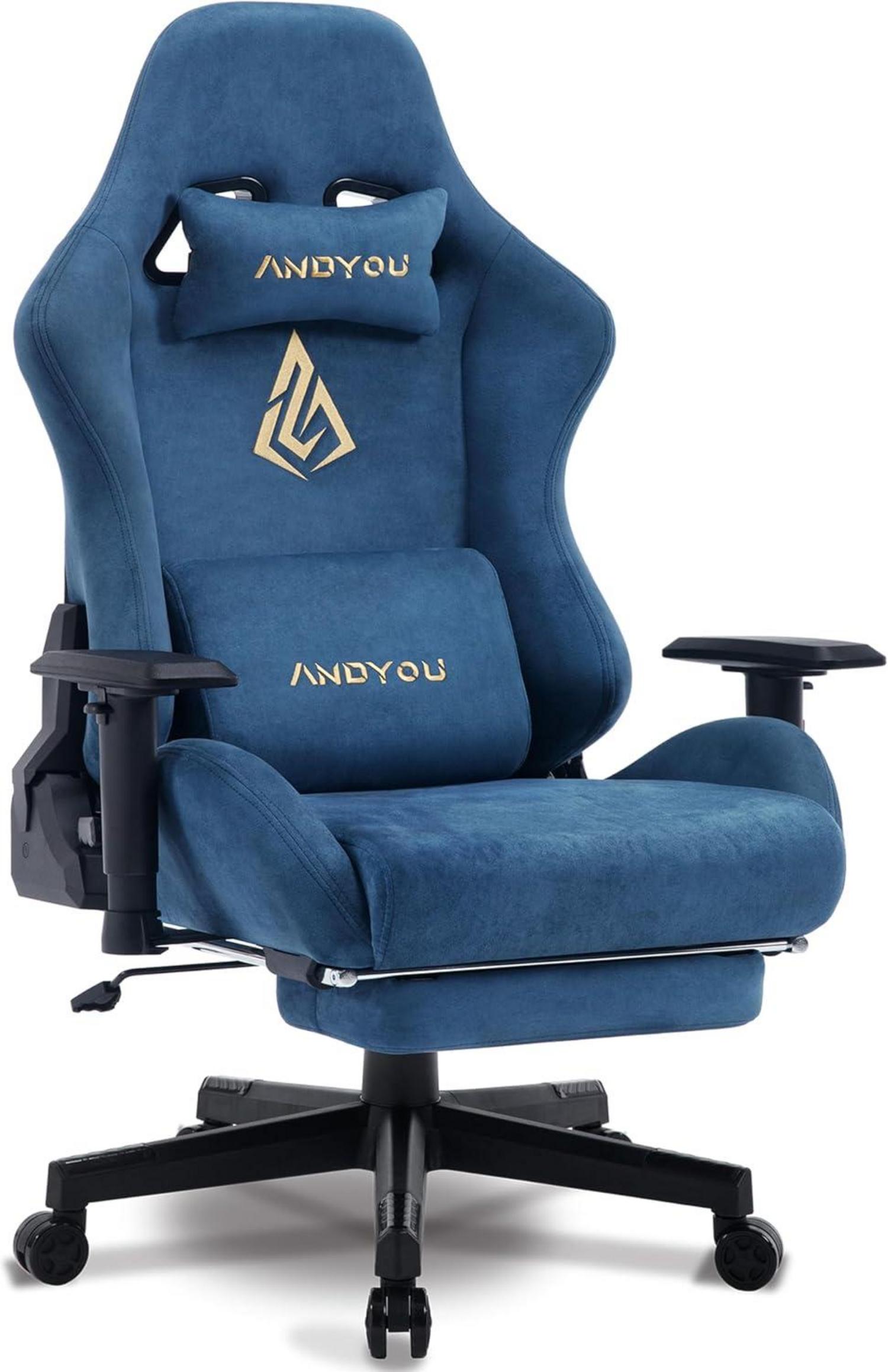 Ergonomischer Gaming Stuhl mit Fußstütze und Lendenkissen Blau