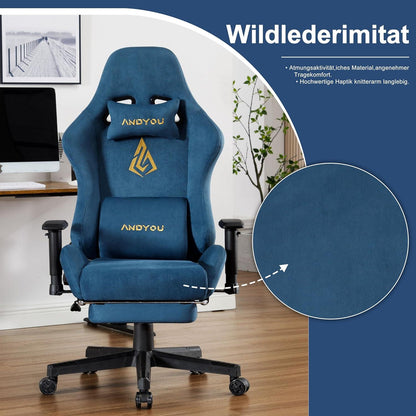 Ergonomischer Gaming Stuhl mit Fußstütze und Lendenkissen Blau