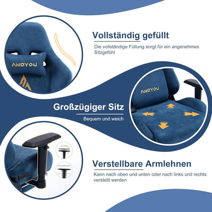 Andyou Ergonomischer Gaming Stuhl mit Fußstütze und verstellbaren Kissen, Blau