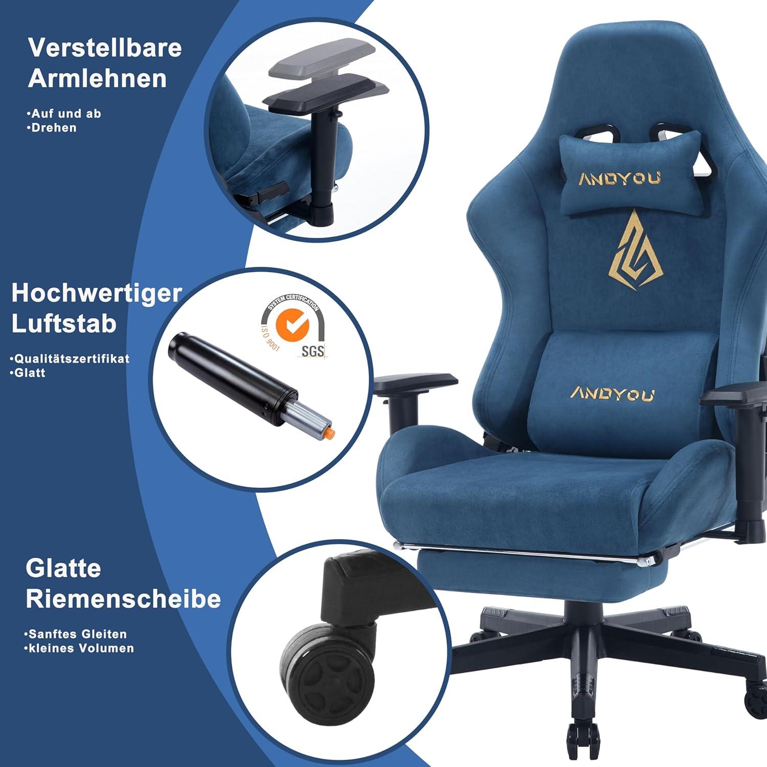 Ergonomischer Gaming Stuhl mit Fußstütze und Lendenkissen Blau