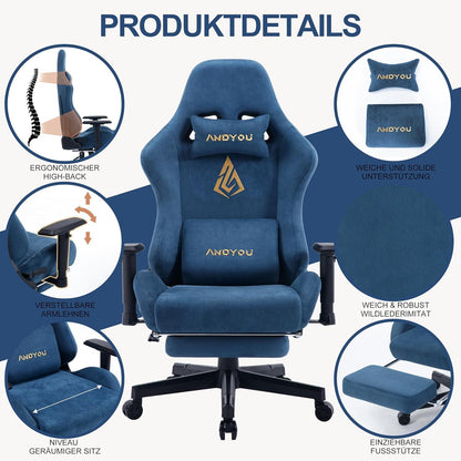 Gaming Stuhl mit Fußstütze und verstellbarem Lendenkissen, Blau