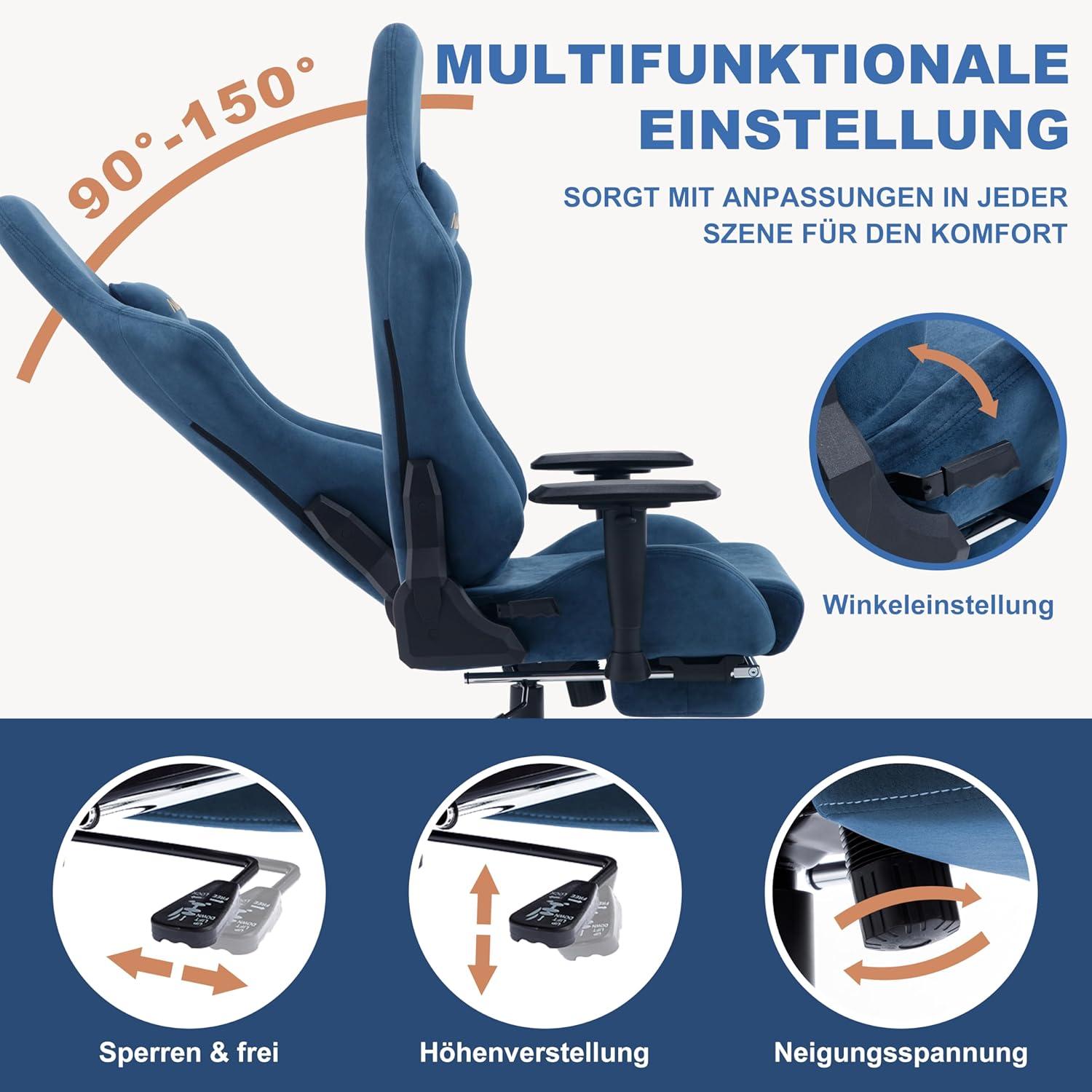Ergonomischer Gaming Stuhl mit Fußstütze und Lendenkissen Blau