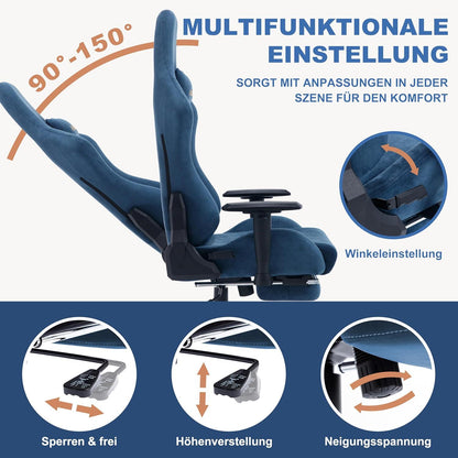 Ergonomischer Gaming Stuhl mit Fußstütze und Lendenkissen Blau