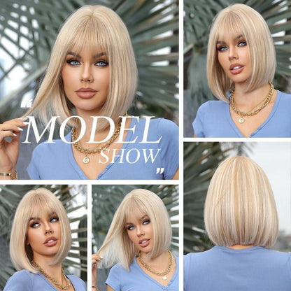 Blonde Bob Perücke mit Pony Synthetisches Haar für Frauen Cosplay