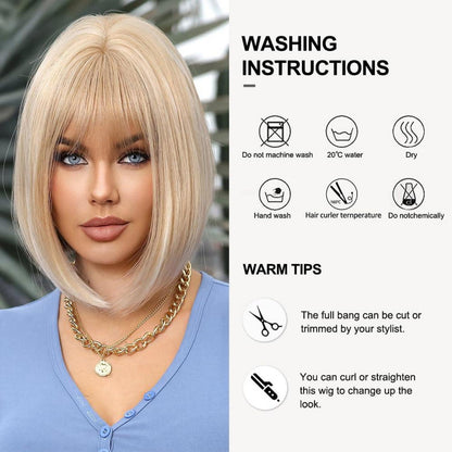Blonde Bob Perücke mit Pony Synthetisches Haar Frauen Cosplay