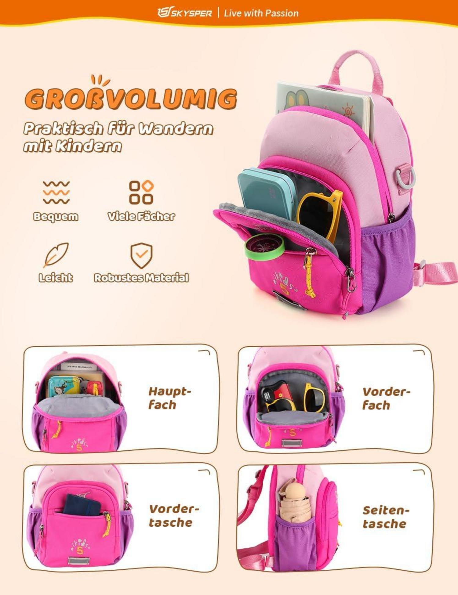 Kinderrucksack 5L Wanderrucksack für Jungen & Mädchen, Rosa, 600D Polyester