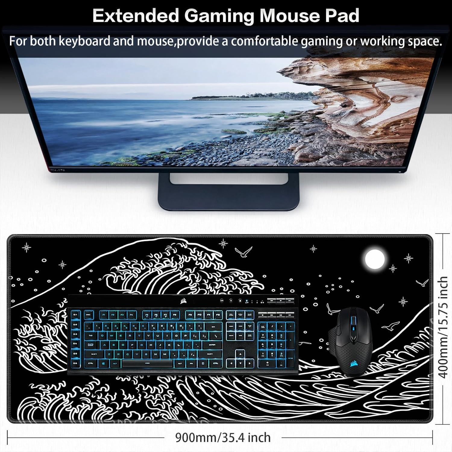 XXL Gaming Mauspad 900x400mm Schwarz Japanische Meereswelle