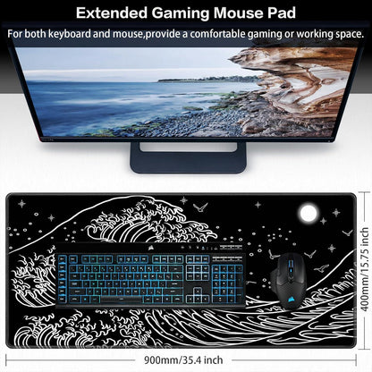 XXL Gaming Mauspad 900x400mm Schwarz Japanische Meereswelle