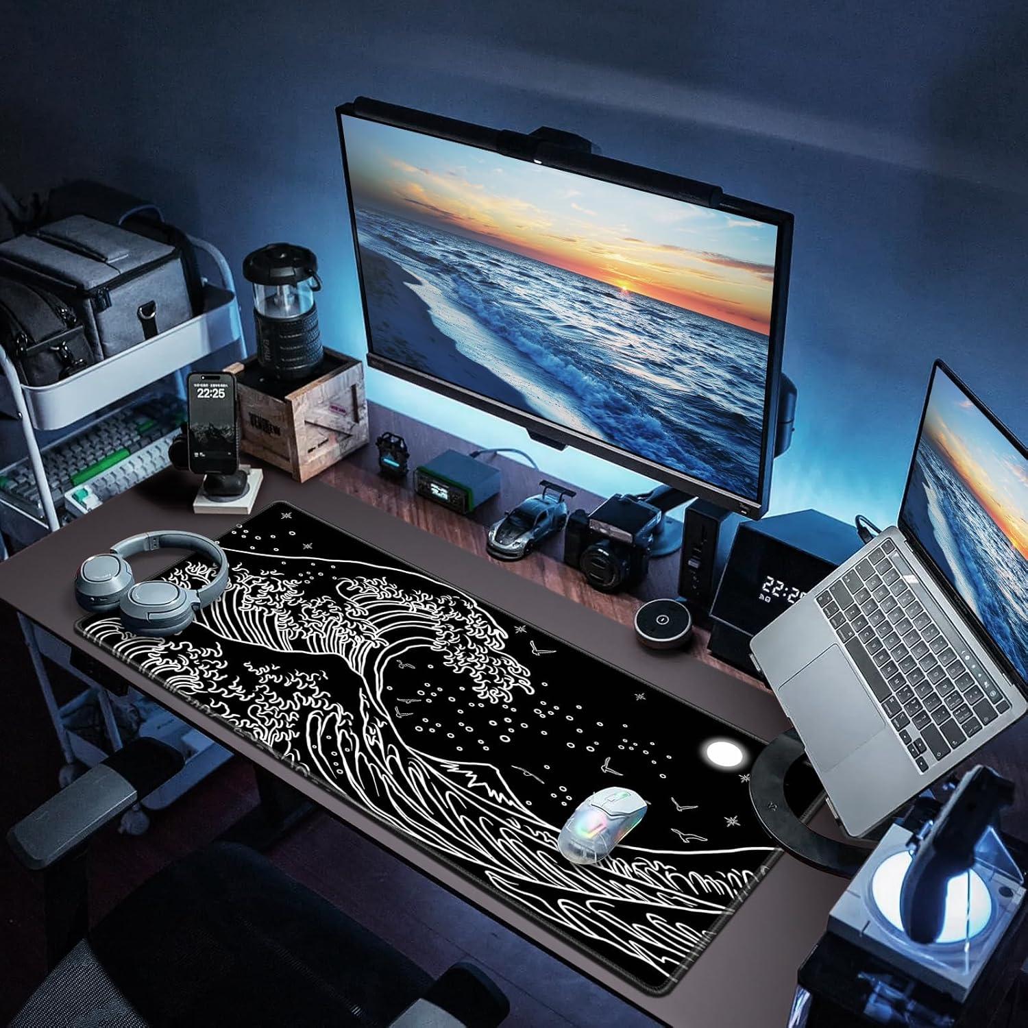 Abetcabe Gaming Mauspad XXL 900x400mm Schwarz Japanische Meereswelle vernähte