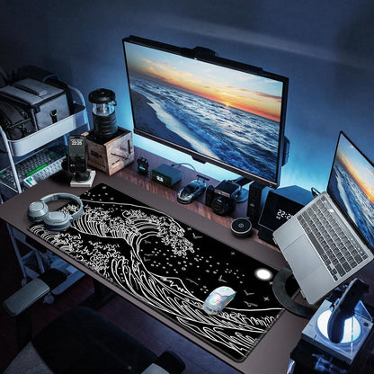 Abetcabe Gaming Mauspad XXL 900x400mm Schwarz Japanische Meereswelle vernähte